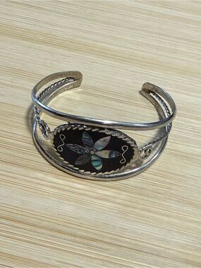 Vintage Alpaca Mexico Abalone Inlay Flower Cuff
